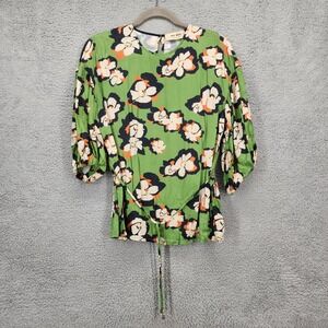 MOS MOSH Green Floral Print Blouse XS Belted Puff Sleeve Tie Waist